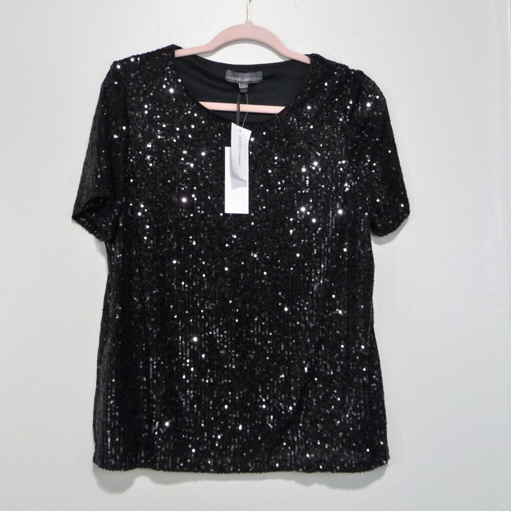 NWT HANNA+GRACIE BLACK SEQUIN TOP LARGE